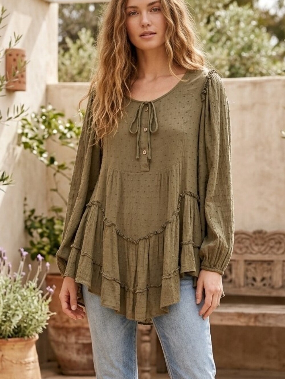 Easel Olive Green Earth Tone Swiss Dot Indie Boho Tunic Blouse Top Size Medium